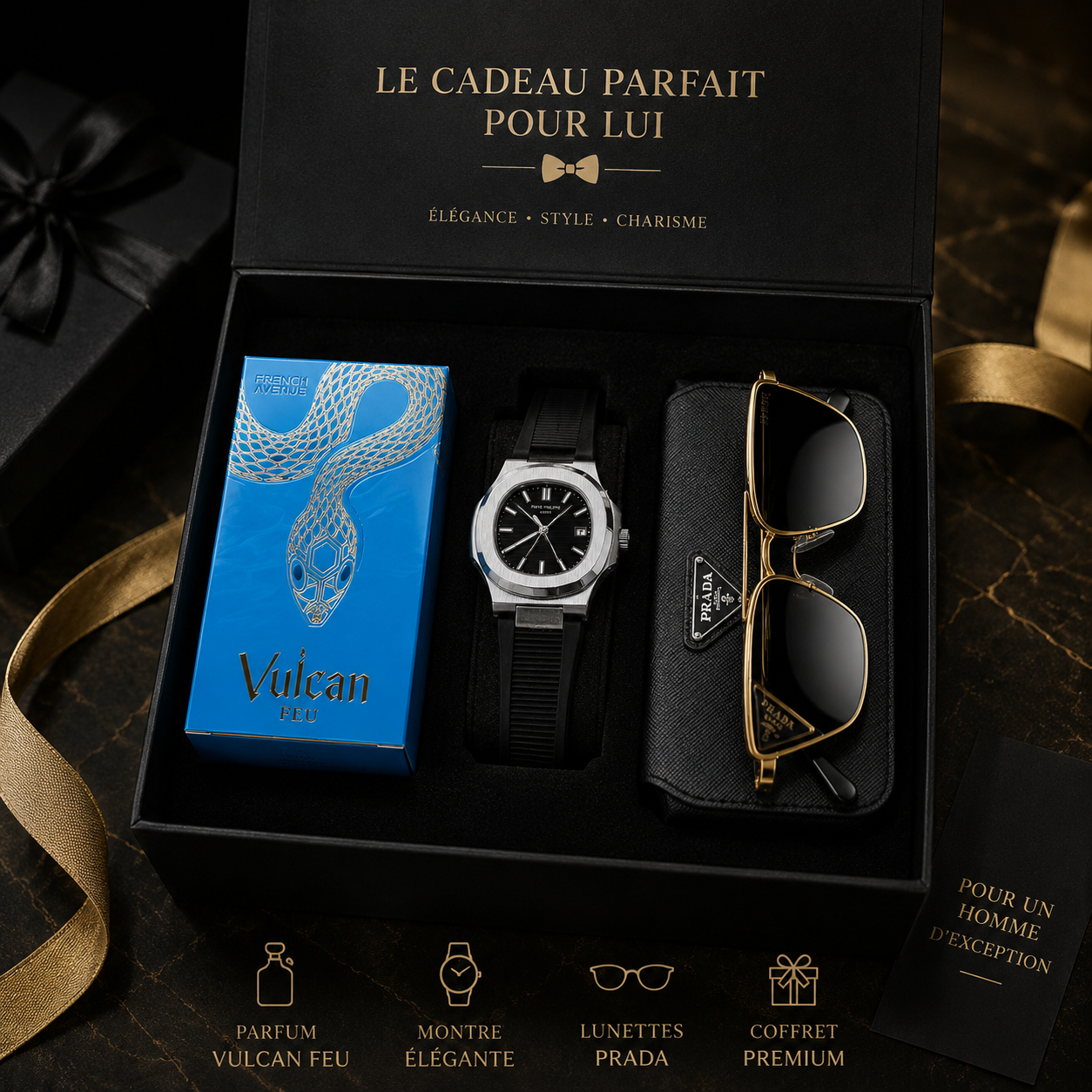 Coffret Cadeau Homme Prestige – Vulcan Feu, Montre &amp; Lunettes